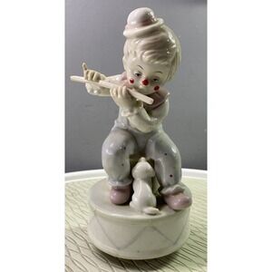 RARE‎ VINTAGE PAUL SEBASTIAN MUSIC BOX PORCELAIN CLOWN PLAYING FLUTE W/DOG